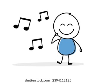 Hand drawn music notes symbol. Funny concept with a stickman holding icon. Cartoon style design. Vector illustration