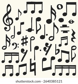 Hand drawn music notes and symbols in black on a light background. This playful and artistic set includes various clefs, notes, and rests. Perfect for music-themed designs and creative projects.