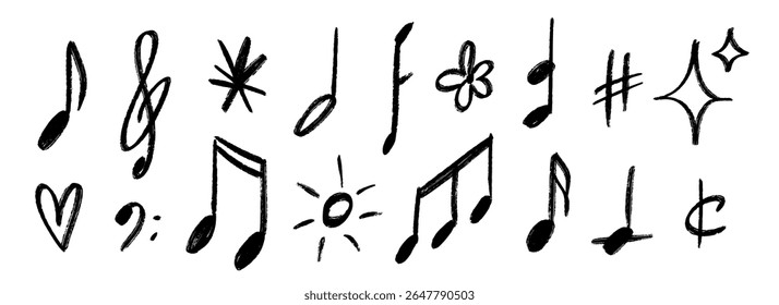 Hand drawn music notes and symbols set. Chalk doodle musical signs collection. Charcoal brush scribble music elements, sun, heart, star bundle. Crayon textured sketch music keys and clefs pack. Vector