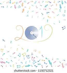 Hand Drawn Music Notes Vector Background. Musical Pattern with 2019 New Year Numbers