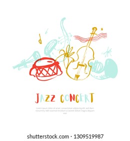 Hand drawn music poster with trombone and splashes. Grunge Jazz banner