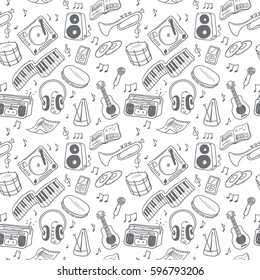 Hand drawn music seamless background. hand-drawn contour on a white background