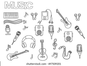 Hand drawn music set. Coloring book page template.  Outline doodle vector illustration. 