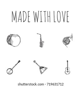 Hand Drawn Music Sketches Set. Collection Of Trombone, Timpano, String Instrument And Other Sketch Elements.