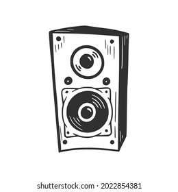 Columna del altavoz de música dibujada a mano. Estilo de dibujo de Doodle. Caja de sonido simple de línea de dibujo. Ilustración vectorial aislada.