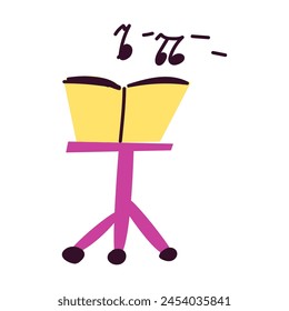 Soporte de música dibujado a mano con notas ilustración de dibujos animados. Ilustración vectorial para Anuncio de música, tarjeta, póster. Colores brillantes. 