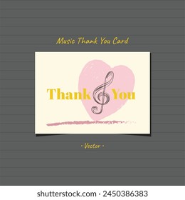 Hand drawn music thank you note card gift with love heart shape and music note brushstroke design.