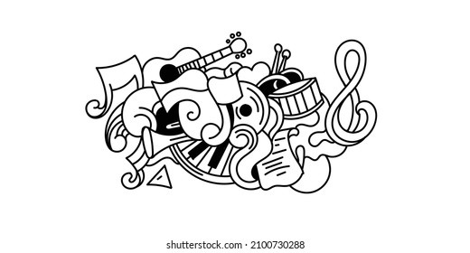 Handgezeichnete Musik, Vektorgrafik-Doodle-Illustration. Musikposter-Design. Musikelemente und Objekte für den Hintergrund.