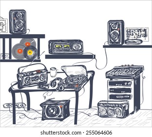 Hand drawn musical equipment in recording studio, hand drawn illustration