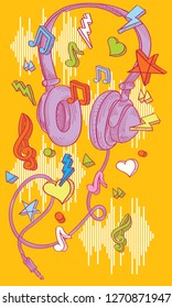 Hand drawn musical funky headphones