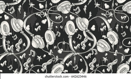 Hand Drawn Musical  Headphones - Seamless Monochrome Pattern