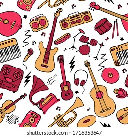 Hand drawn musical icon set. Seamless pattern for fabric and wallpaper. Vector