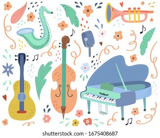 Hand drawn Musical instrument set flat vector illustration . Music print.