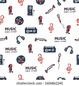 Hand drawn musical instruments collection seamless pattern. sheet music recorder record microphone trumpet speaker headphone. White background. Doodle style