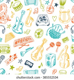 Hand drawn musical instruments collection seamless pattern. Synthesizer, bass guitar, domra, gramophone,  bagpipe, microphone, vinyl, maracas, cassette, piano and other.