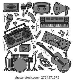 Hand drawn musical instruments doodle set in greyscale. Retro audio and music equipment vector illustration collection