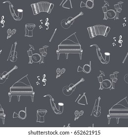 Hand drawn musical instruments. Graphic vector seamless pattern. White elements, grey background