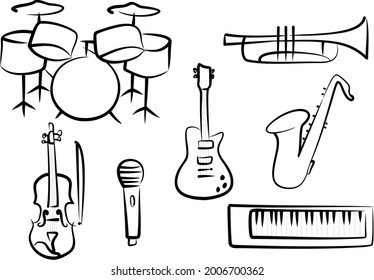 Hand drawn musical instruments. Guitar, violin, saxophone, drum, piano, microphone and trumpet.