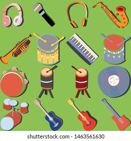 Hand drawn musical instruments icon set. Collection of musical symbols: guitars, drum set, synthesizer, vinyl disk, microphone, trumpet, saxophone, headphones, tambourine. Vector