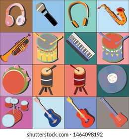 Hand drawn musical instruments icon set on colourful squares. Collection of symbols: guitars, drum set, synthesizer, vinyl disk, microphone, trumpet, saxophone, headphones, tambourine. Vector