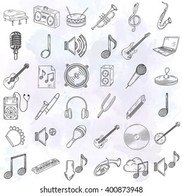 Hand drawn musical instruments icons set.