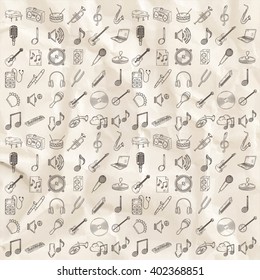 Hand drawn musical instruments icons set.