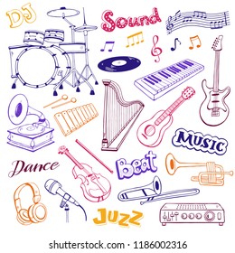 Hand drawn musical instruments isolated on white background. Doodle music elements vector illustration. Musical equipments in sketch style.