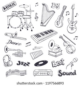 Hand drawn musical instruments isolated on white background. Doodle music elements vector illustration. Musical equipments in sketch style.