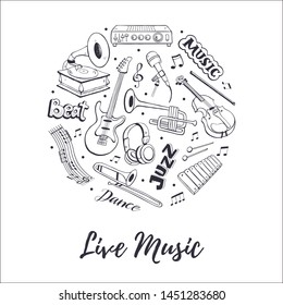 Hand drawn musical instruments isolated on white background. Doodle music elements vector illustration. Music festival circle composition poster in sketch style.