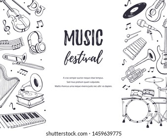 Hand drawn musical instruments isolated on white background. Doodle music elements vector illustration. Music festival poster in sketch style.
