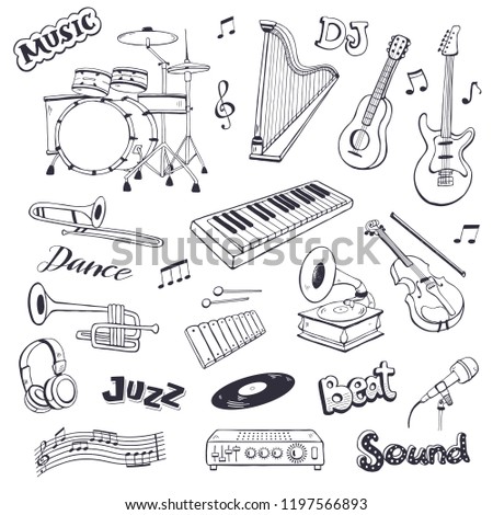 Hand drawn musical instruments isolated on white background. Doodle music elements vector illustration. Musical equipments in sketch style.