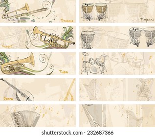 hand drawn musical instruments on a light background