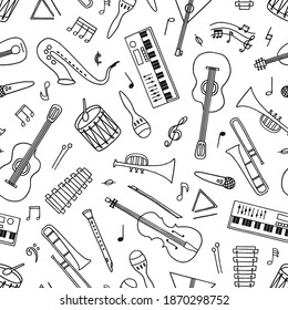 Hand drawn musical instruments seamless pattern in doodle style on white.