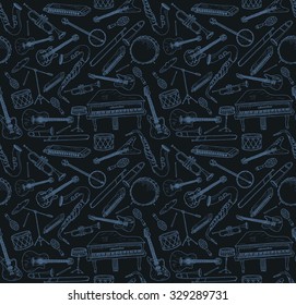 Hand drawn musical instruments. Seamless pattern.