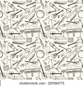 Hand drawn musical instruments. Seamless pattern.