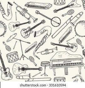 Hand drawn musical instruments. Seamless pattern.