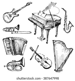 Hand drawn musical instruments. Sketch. Vector illustration.