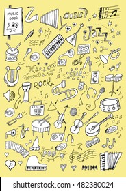 Hand drawn musical instruments sketch set. Music big vector set.