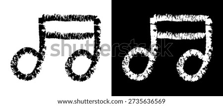 Hand drawn musical note in charcoal sketch style. Black and white beamed eighth note with expressive grunge strokes. Vector isolated music icon.