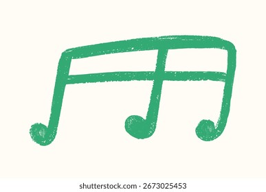 Nota musical dibujada a mano con textura de crayón. Icono de música Doodle. Сelemento de tiza de color, forma de crayones de cera para cartel de discoteca, fiesta de punk rock, tatuaje. Ilustración vectorial de niños aislados.