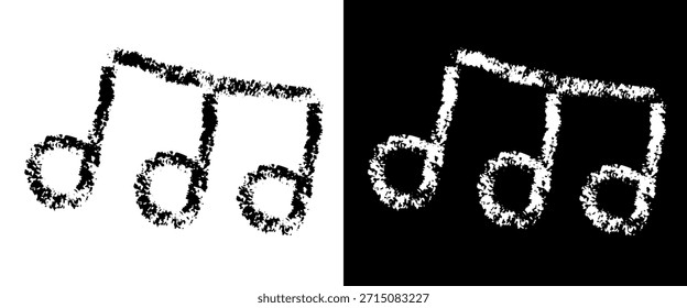 Nota musical dibujada a mano en estilo tiza de crayón. Octava nota con vigas blancas y negras con textura grunge rugosa. Vector aislado icono de música.