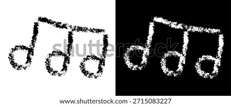 Hand drawn musical note in crayon chalk style. Black and white beamed eighth note with rough grunge texture. Vector isolated music icon.