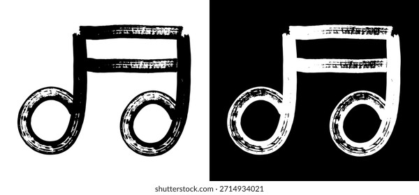 Nota musical dibujada a mano en el dibujo de boceto de marcador. Octava nota con vigas blancas y negras con trazos llamativos y textura grunge. Vector aislado icono de música.