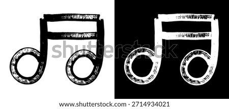 Hand drawn musical note in marker sketch drawing. Black and white beamed eighth note with bold strokes and grunge texture. Vector isolated music icon.