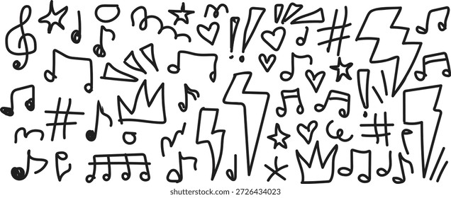 Handgezeichnete musikalische Noten und abstrakte künstlerische Doodle-Elemente-Sammlung
