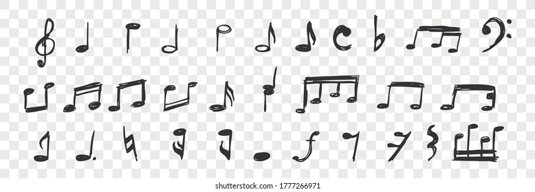 Hand drawn musical notes doodle set. Collection of pen ink pencil drawing sketches of melody signs and treble clef isolated on transparent background. Illustration of sound symbols for musicians.