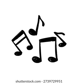 Hand drawn musical notes icon set. Sketchy black music symbols isolated on white background. Minimalist brush stroke melody illustration.