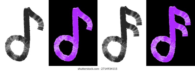 Hand drawn musical notes icons illustrated with felt pen. Childish music note symbols in colorful and black versions doodle style lines and grunge texture. Vector isolated icon set.
