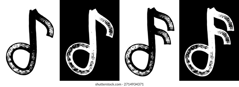 Iconos de notas musicales dibujados a mano creados con marcador. Símbolos musicales de estilo boceto infantil con textura grunge áspera y líneas a mano alzada. Conjunto de iconos de notas aisladas de Vector blanco y negro.