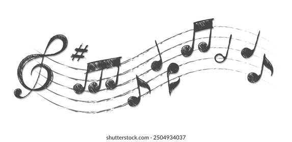 Hand drawn musical notes sketch. Staff treble clef musician notes isolated vector Illustration